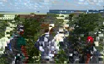 Tourists enjoying a panoramic view of the ancient Mayan ruins at Uxmal, Yucatan, Mexico, surrounded by dense green jungle. 